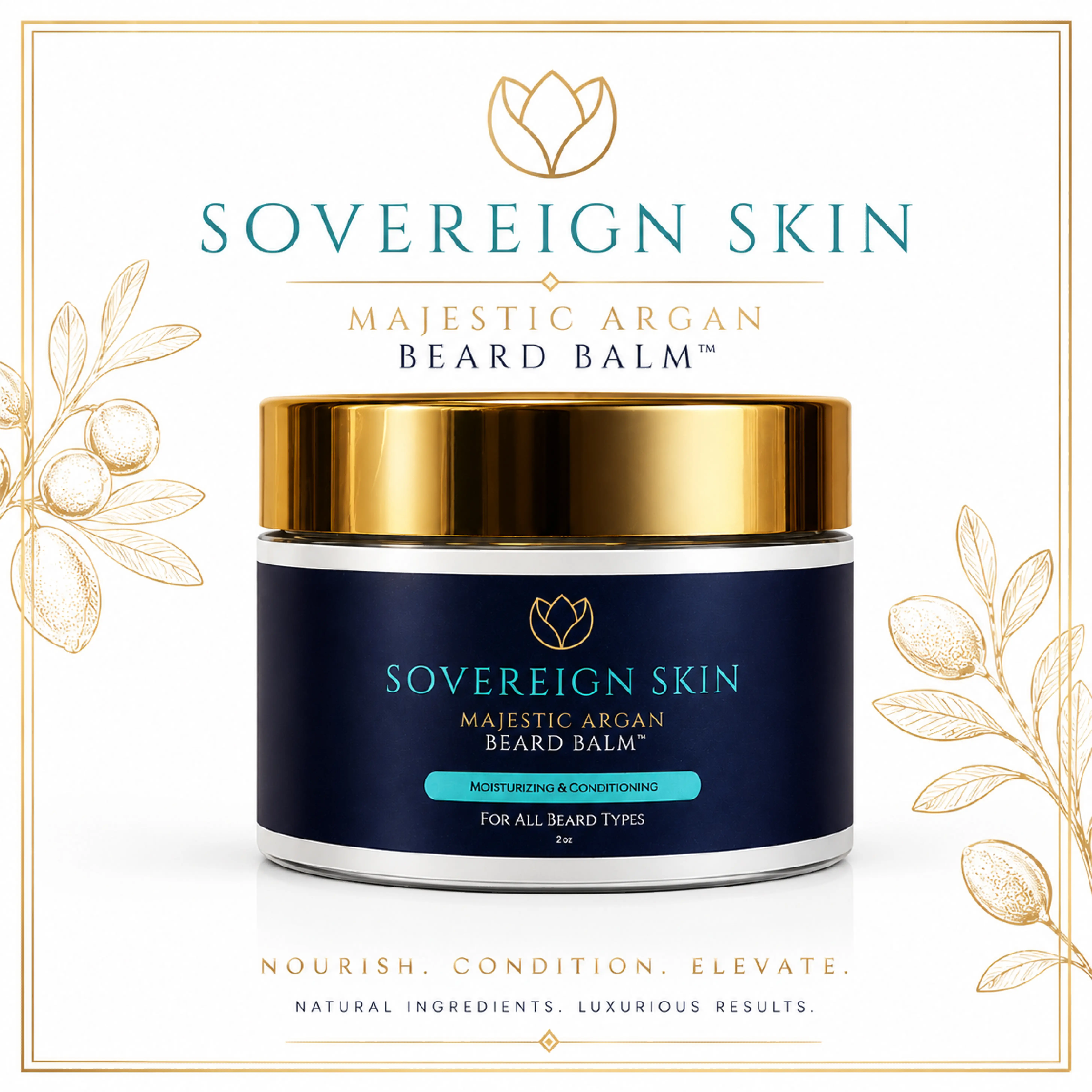 Sovereign Skin Majestic Argan Beard Balm - Conditioning Beard Balm with Argan, Hempseed, Castor & Grapeseed Oils, Light Hold Beard Styling Balm for Soft, Smooth & Manageable Facial Hair, 2 oz