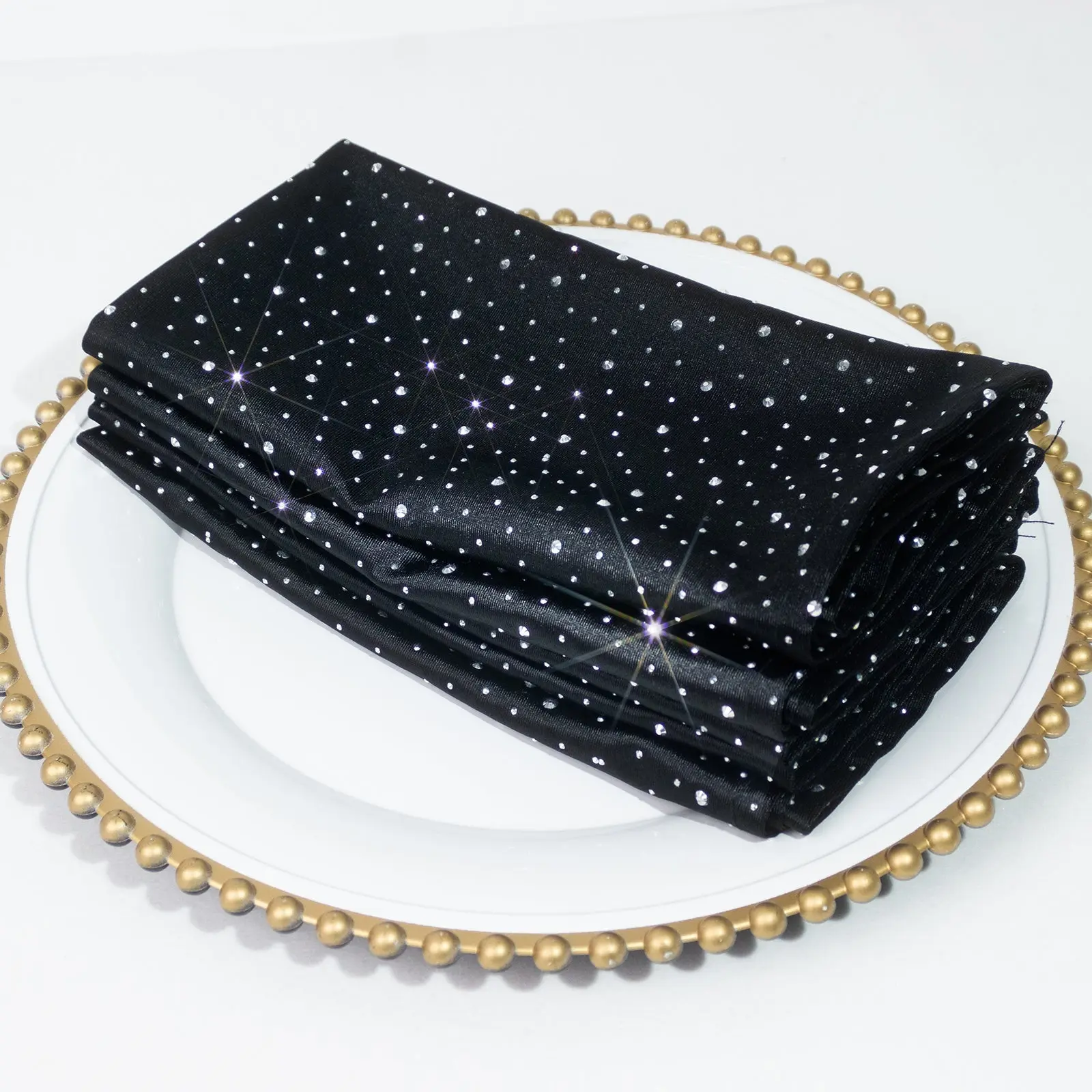 Rhinestone Accent Fabric Napkins, 5-Pack Black 20"x20" Wrinkle-Free Reusable Scuba Polyester Multipack Napkins for Banquet, Wedding Events
