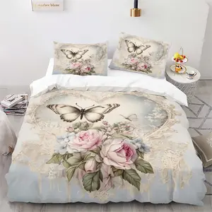 Romantic French-style butterfly and rose patterns Duvet Cover Set, 3-Piece Includes 1 Fitted Sheet and 2 Pillowcases, Soft Breathable Design for Bedroom