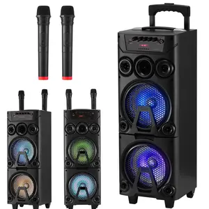 Portable Bluetooth Party Speaker Dual 8" Woofers Dual Wireless Microphones Wooden Cabinet TWS LED Light Rechargeable Stereo Wireless PA Speaker System