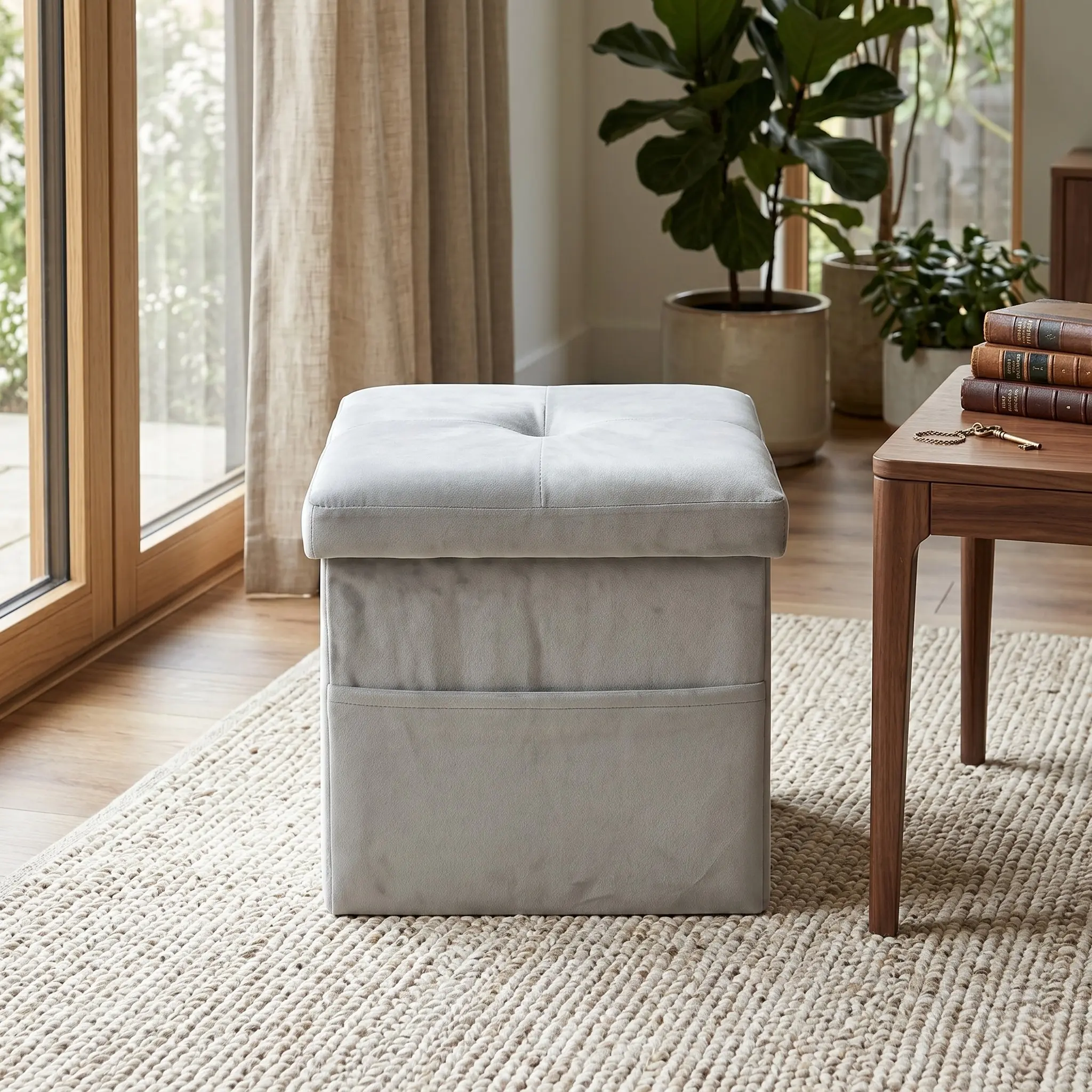 Favorer 12 in Velvet Tufted Upholstered Foldable Storage Ottoman Bench - Transitional Indoor Stools & Benches, Elegant Decorative Furniture with Pocket, Requires Assembly