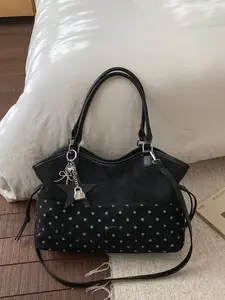 1pc Ladies' one shoulder tote bag with pendant polka dot design, zipper closure, casual versatile, retro trendy, practical, casual commuter bag, Casual handbag satchel, Elegant commuter bag, suitable for students' daily commuting, shopping and gatherings