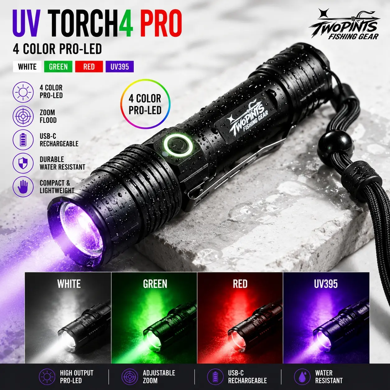 UV TORCH4 PRO - Rechargeable Tactical Fishing/Hunting 4 Color High Output Zoom+Flood UV395 Torch Flashlight