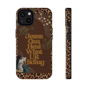 Christian iPhone Case – 'Jesus Can Heal What You’re Hiding' Retro Quote with Leopard Print | Bold Faith Phone Cover | Aesthetic Bible-Inspired Case | Cover for IPhone 16 15 14 13 12 SE Max Pro Samsung galaxy, Gift for her