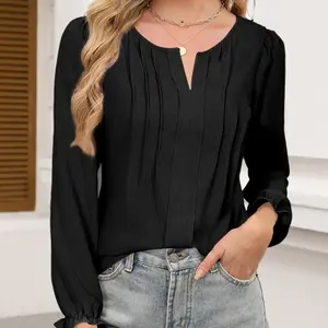 Women's Tops Casual Long Sleeve Shirt V Neck Long Sleeve Chiffon Shirt Autumn Black