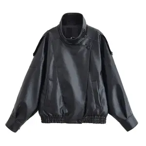 Women’s loose synthetic leather jacket with a stand-up collar, long sleeves, zip pockets, and a casual short length for autumn and winter GARMENTARY
