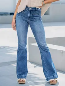 American Vintage High Waist Straight Leg Denim Jeans, Workwear Dual Patch Pockets Elastic Slim Fit Flare Long Pants, All Seasons