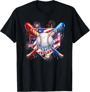 4th of July Baseball Drip Patriotic American Flag Boys Men T-Shirt Cotton Fabric