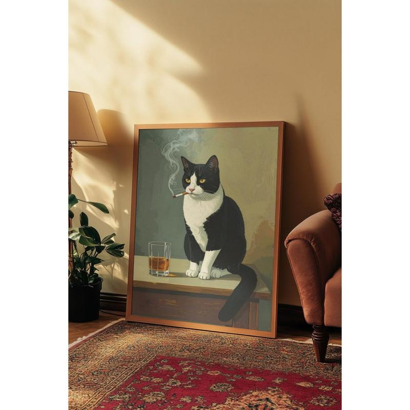 Moody Tuxedo Cat Oil Painting Style Print, Funny Tuxedo Cat Drinking Whiskey Poster, Tuxedo Cat Smoking, Dark Humor Wall Art Poster