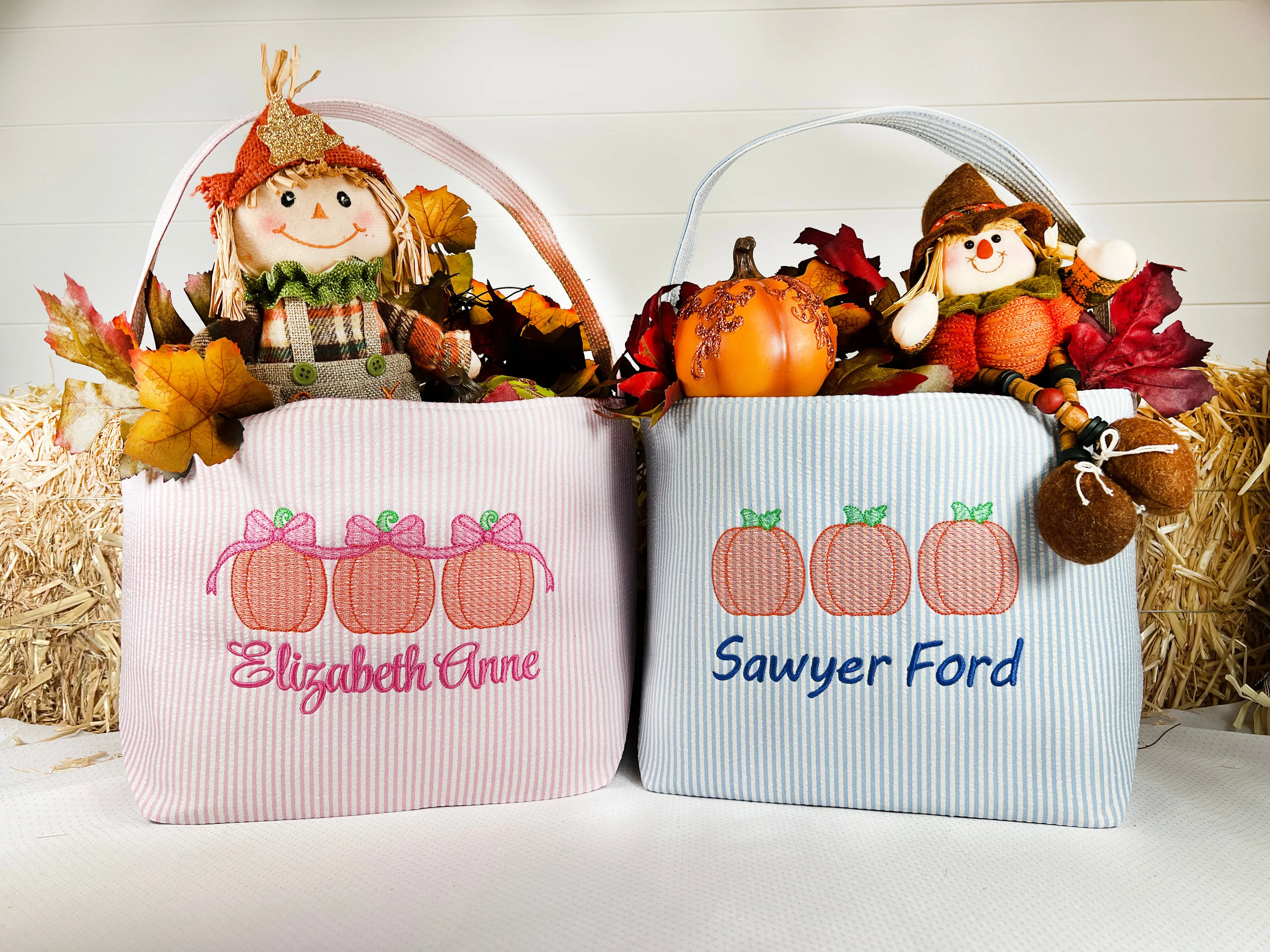 Personalized Embroidered Halloween Treat Basket with 3 Pumpkin design on Seersucker basket