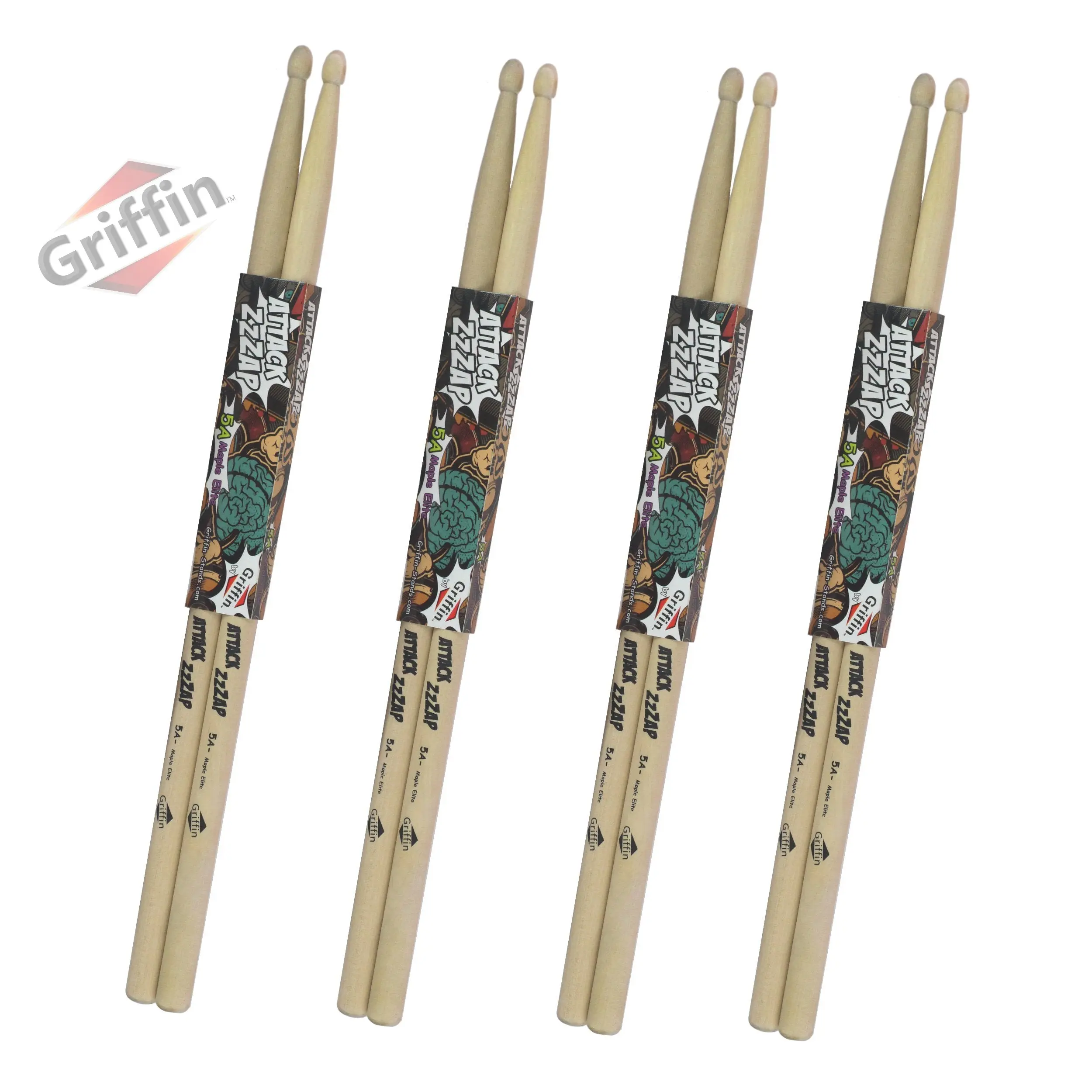 GRIFFIN Attack Zzzap Drum Sticks - 4 Pairs of Select Elite Maple Wood Size 5A - Premium Balanced, Level and Straight - Drummers Percussion Classic Pure Grit Uncoated, Raw Wood Drumming Sticks