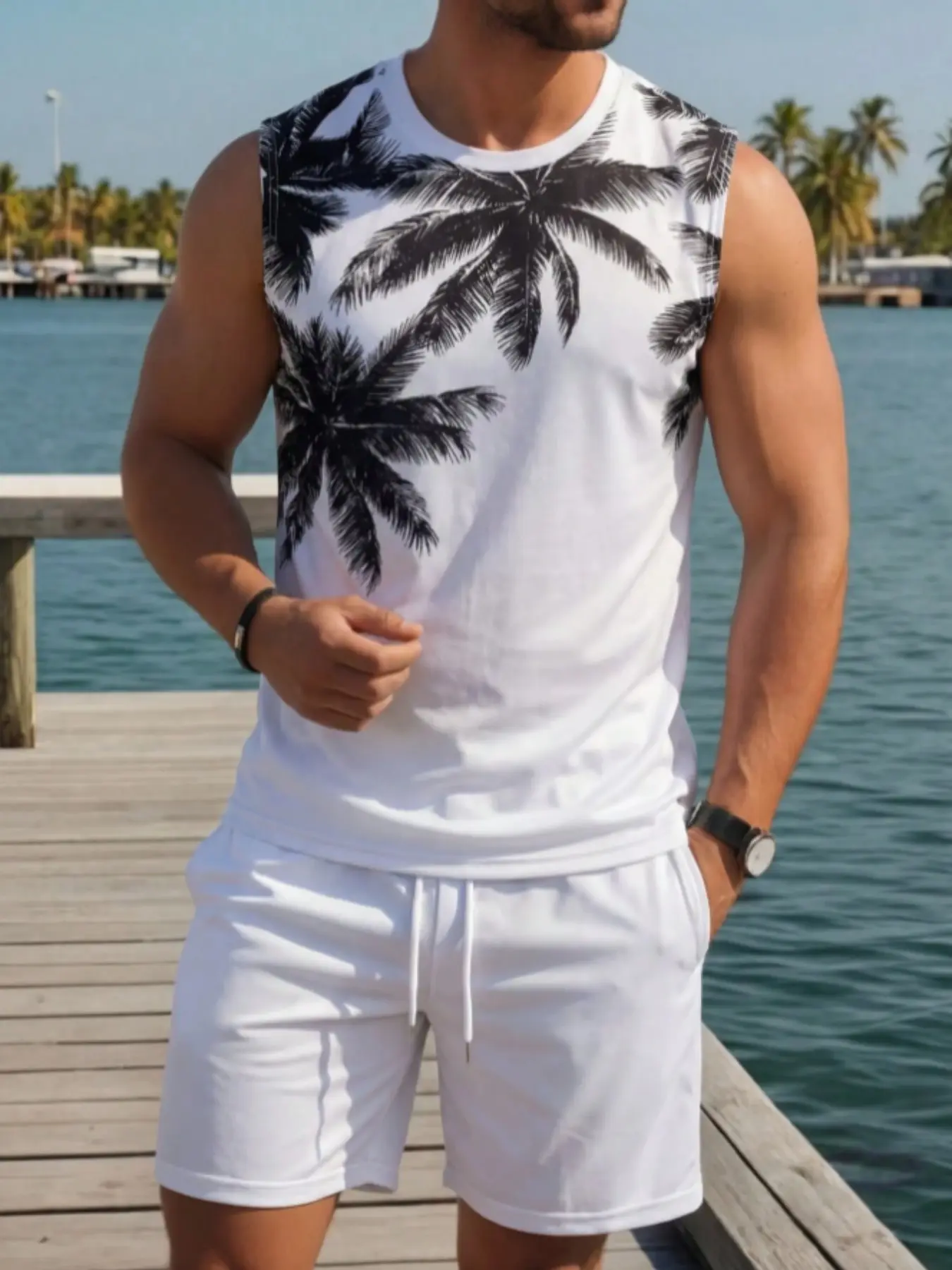 Men's Tropical Coconut Tree Pattern Sleeveless Vest Set, Casual Fashion Slim-Fitting All over Print, Summer Beachwear for Men