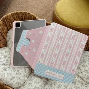 Cute Cartoon Striped Bunny Rotating Tablet Case for iPad 10 and iPad 11, 360 Degree Protection with Pencil Slot, Soft Acrylic Design, Screen Cover