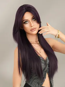 Long Straight raspberry Purple Wigs for Women Synthetic Wig with Curtain Bangs Natural Soft High Density Wig Heat Resistant Fiber Wigs for Girls Daily Party Cosplay Stage Plays Use 28 Inch