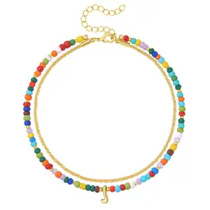 KissYan Initial Ankle Bracelets For Women, Layered Colorful Beaded Anklet With 14K Gold Chain Waterproof Dainty Jewelry Gift