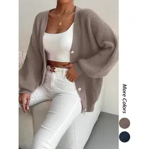 【 plus size 】 Women's elegant and simple V-neck thick knitted cardigan - casual loose front button long sleeved sweater, soft, lightweight and comfortable basic knitwear for autumn and winter, daily women's top