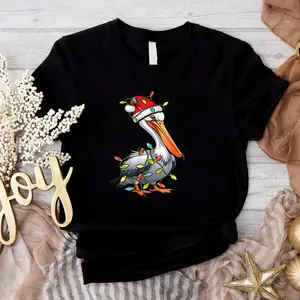 Funny Pelican Wrapped In Christmas Lights Santa Hat Xmas