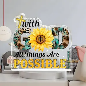 Cross & Sunflower Pattern Acrylic Ornament, Bible Verse Pattern Decorations, Prayer Room Decoration, Desk Decorations, Home Decor, Religious Gift, Acrylic Plaque Decor