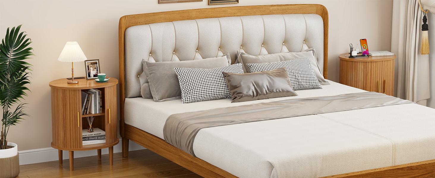 DHH Modern Yellow Oak Oval Nightstand with Charging Station, Aesthetic Bedside Table with Power Outlets, Versatile Fluted End Table for Living Room, Bedroom & Entryway