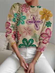 Women's Paisley Floral Butterfly Print Stand Collar Sweater, Casual Long Sleeve Knitwear for Fall Winter, Comfortable Warm Daily Wear