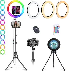 13" RGB Selfie Ring Light with Stand 76" Tall & 2 Phone Holders, Tablet Holder, Sunset Lamp & 51 Color Modes, Desk Tripod, 12 Dimming Levels Halo Light, LED Camera Ringlight for //YouTube