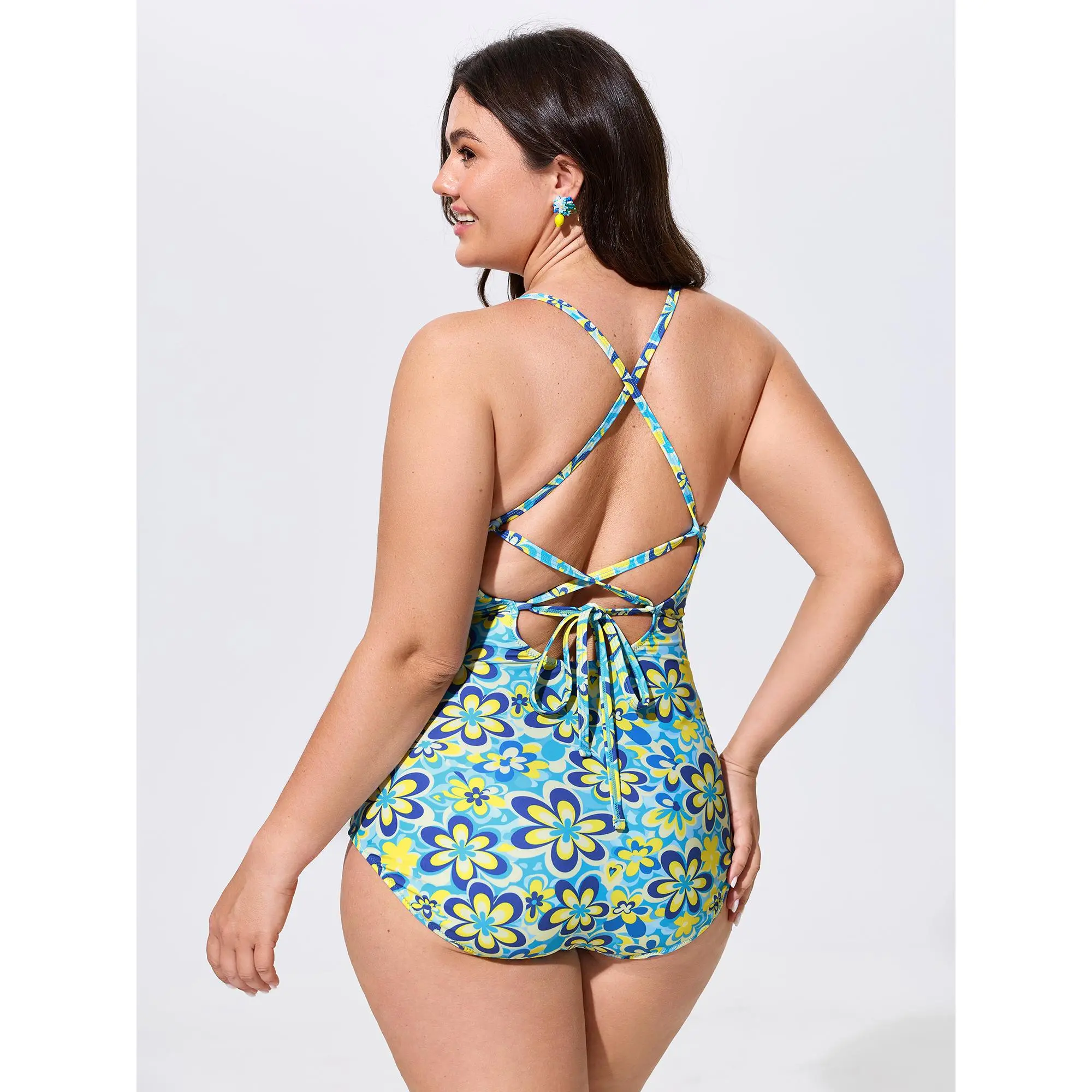 BLOOMCHIC Plus Size Sunkissed Floral Print Back-Tie One-Piece Swim,Summerfinds