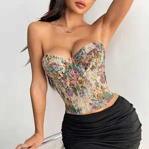 Women Vintage Floral Jacquard Corset Top Strapless Boned Bustier Sexy Body Shaper Crop Top Cottagecore Fairycore Aesthetic Going Out Top