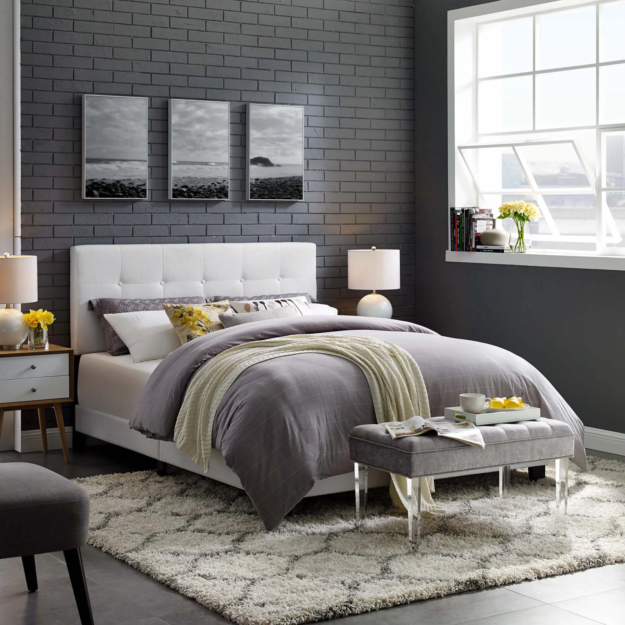 Modway Amira King Upholstered Fabric Bed in White