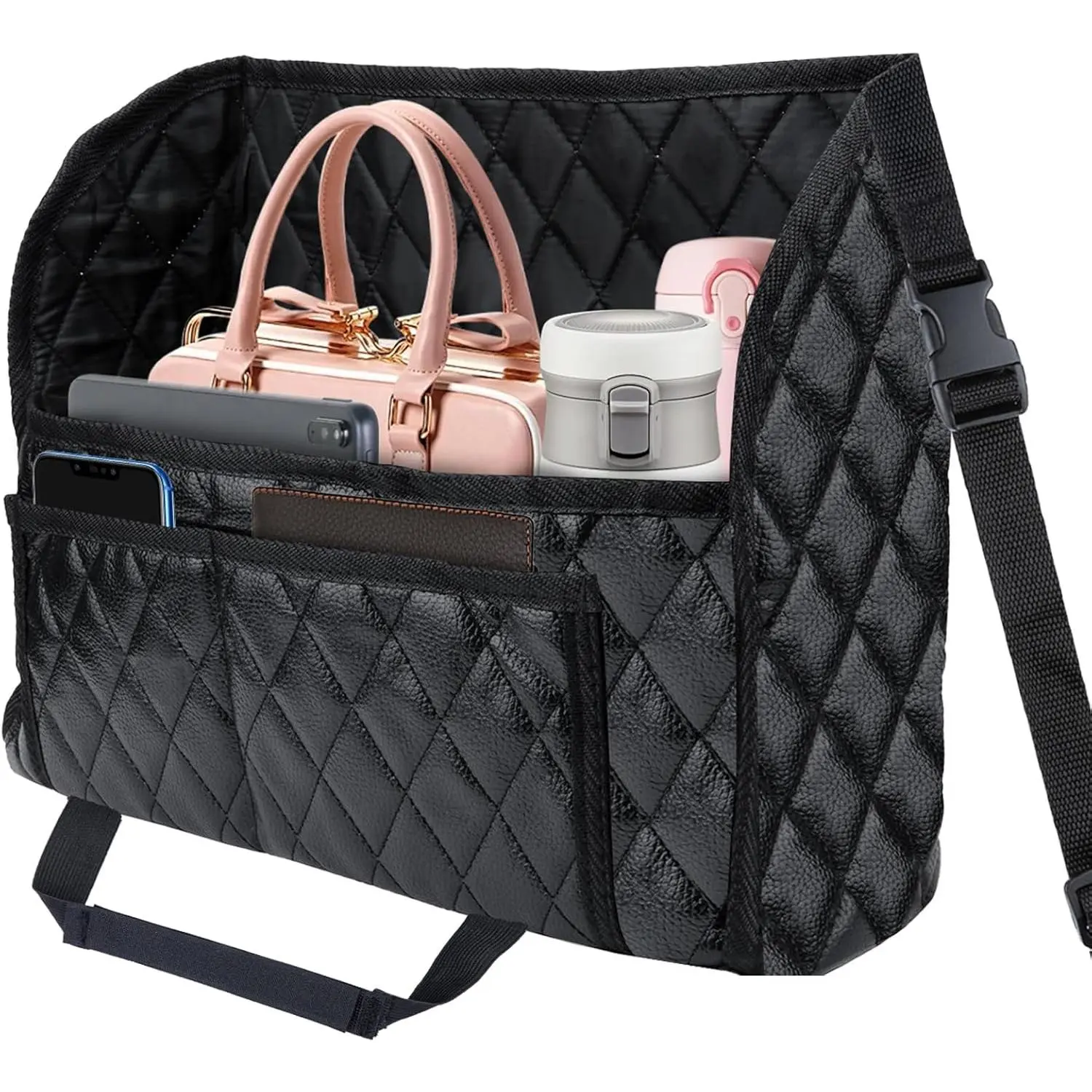 Leather Car Handbag Holder Between Seats - Synthetic PU Leather Interior Car Accessories, Large Capacity Net Pocket Organizer, Backseat Barrier Storage Bag for SUV, 15x5.5x10.4in, Manufacturer Warranty