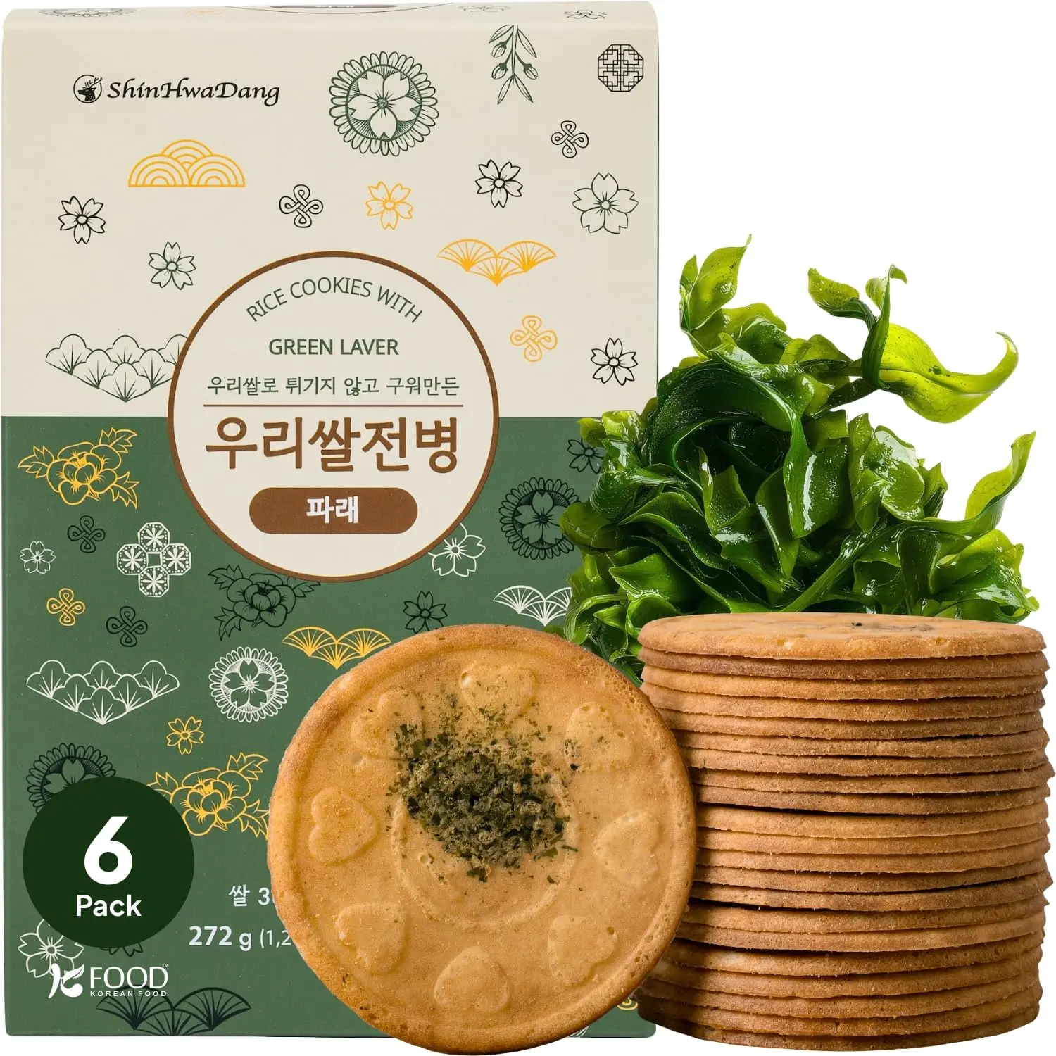 Korean Food Shinwhadang Rice Wafer Snacks Green Laver Seaweed Flavor, Crispy Korean Rice Crackers, 6 Packs