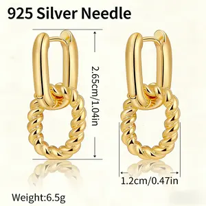 Gold Twisted Chain Link Earrings, Hypoallergenic 925 Silver Post, 18K Gold Plated Dangle Earrings, Vintage French Style, Waterproof Tarnish Free, Gift for Her