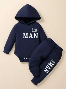 Baby's Letter Print Hooded Bodysuit & Pants Set, Casual Long Sleeve Infant Kids Clothes for Fall & Winter, Baby Boy Clothes