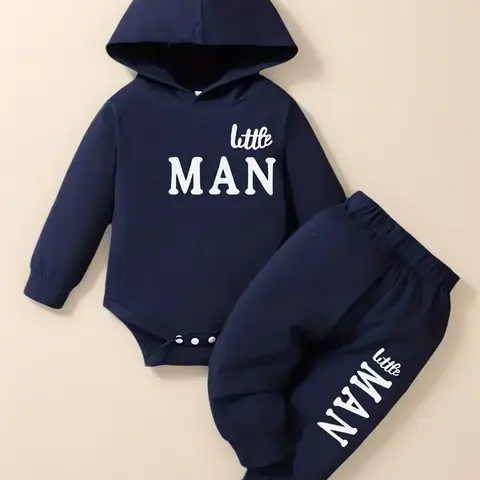 Baby's Letter Print Hooded Bodysuit & Pants Set, Casual Long Sleeve Infant Kids Clothes for Fall & Winter, Baby Boy Clothes, Baby Clothing