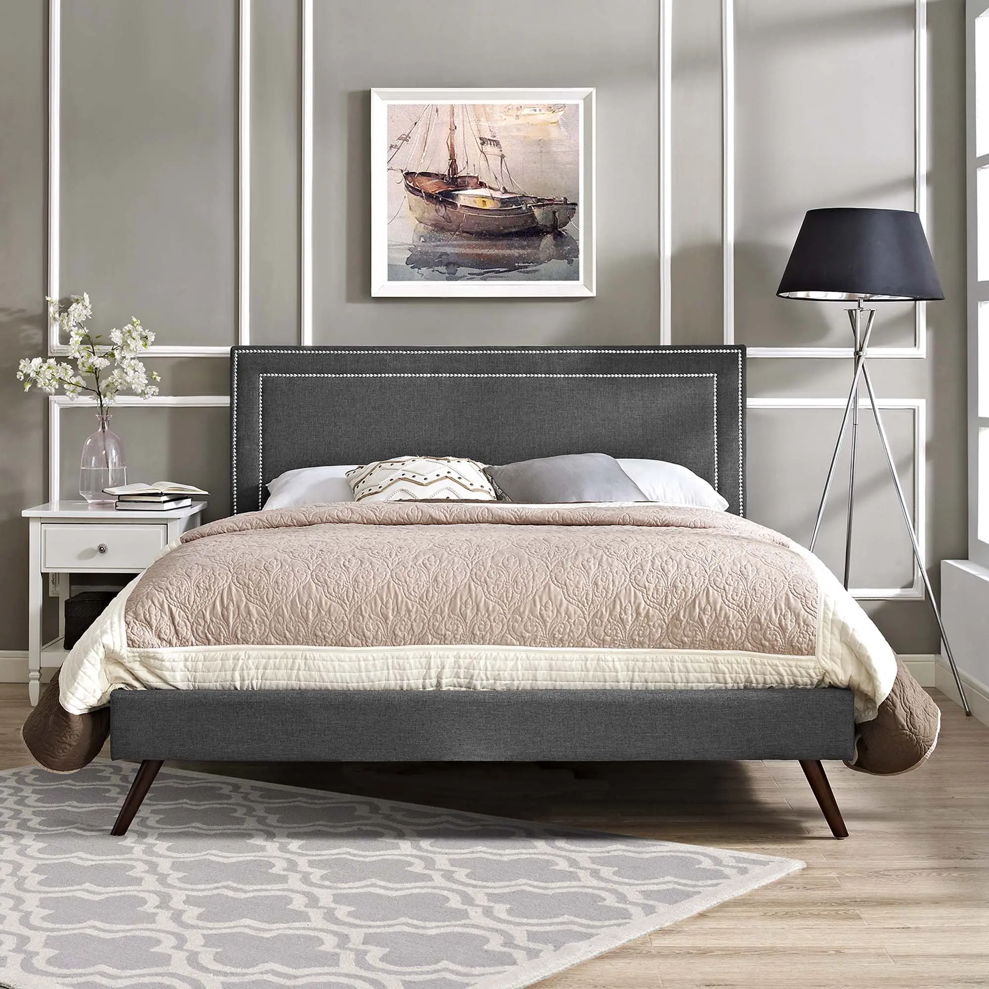 Virginia Fabric Full Platform Bed with Round Splayed Legs in Gray