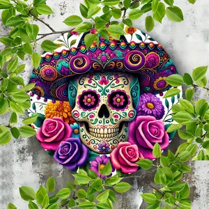 1pc Dia de los Muertos Sugar Skull Foil Art, 7.87x7.87 Inch Round, Waterproof and Dustproof Aluminum Wall Decor for Home, Bar, Cafe - Easy to Hang, Durable, Perfect Gift for Festive Occasions