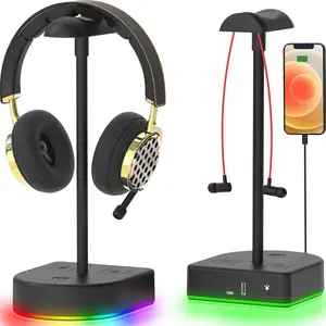 RGB Headphone Stand with USB Charging Port or Hub, Desk Gaming Headset Holder, Durable Hanger Rack Suitable for Desktop Table, Game,Earphone, PC, Gamer Accessories (Black)