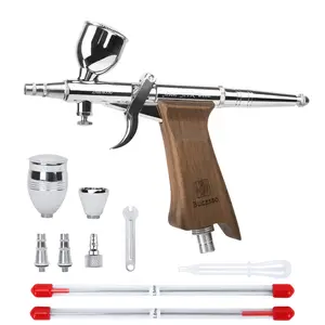 Bucasso Airbrush Kit, Air Brush Spray Gun with 0.2mm/0.3mm/0.5mm Needles/Nozzle Sets, 3cc/7cc/11cc Replaceable Fluid Cup for Painting Model Nails Cake Tattoo Makeup(Walnut)