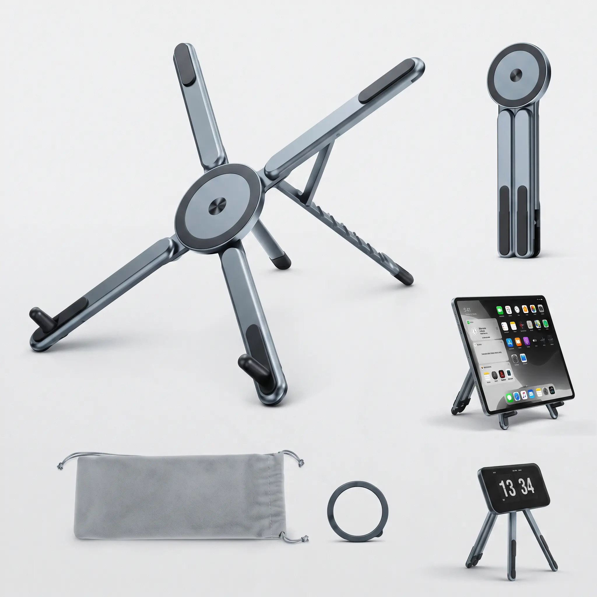Portable Magnetic 3-in-1 Stand for Laptop, Tablet & Phone, Foldable Aluminum Desk Riser with Adjustable Angle, Travel Stand for MacBook, iPad, iPhone