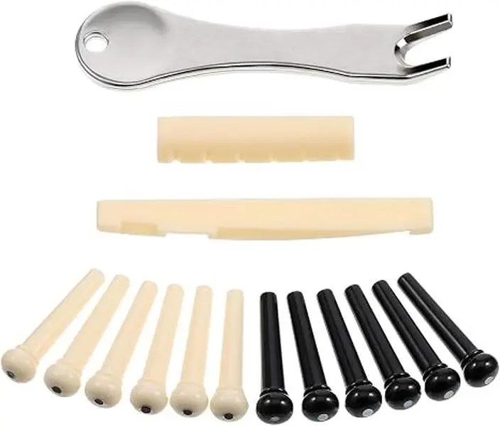 12 Pcs Acoustic Guitar Bridge Pins with Bridge Pin Puller Remover and Saddle Nut, Acoustic Guitar Replacement Parts and Accessories