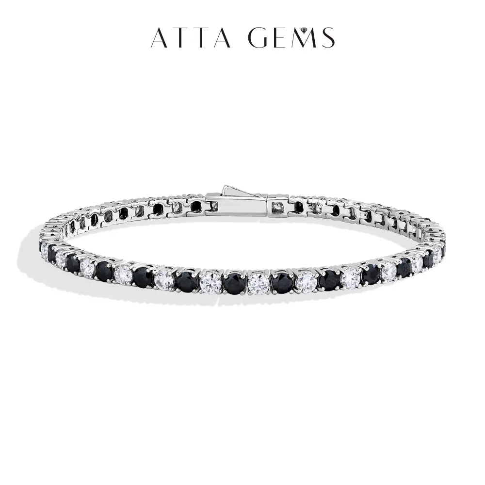 Unisex Round Cut Synthetic Moissanite Tennis Chain Bracelet - 2.5-5.0mm Black & White Stones, B029 Series Beautiful Bracelets, Exquisite Trendy Modern Daily Wear Mens Fine Jewelry Gift (summerwins), Exquisite Trendy Bracelet