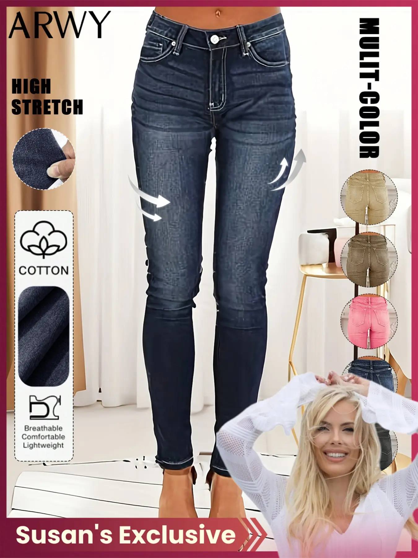 susan's Exclusive Women's Retro Style Jeans, Pants, Slim-Fitting Casual Fashion Denim Jeans with Pockets, Button Fly Closure, Casual All-Season Wear, Glossy Finish, Vintage
