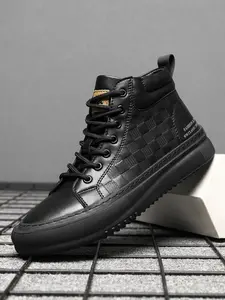 Shoes for Men, Fashionable Geometric Pattern Lace Up Leather Closed Toe Ankle Boots, Casual Comfortable Outdoor Sports Boots for Daily Wear, Male All-match Shoes for Fall & Winter Boots For Men, New Winter Boots