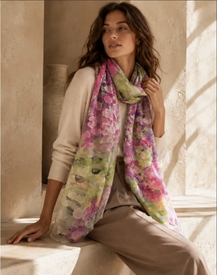 Abstract Summer Lightweight Scarf – Multi-Color Floral Print, 34x71in Polyester
