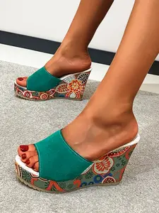 Women's Ethnic Style Thick Sole Wedges Platform Sandals, Casual Summer High Heel Slippers, PU Upper Material, Rubber Sole, Stylish, Fashionable and Versatile