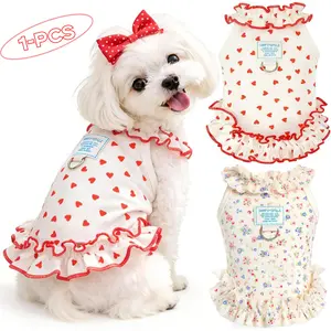 Dog and Cat Dress, Puppy clothes, suitable for small dogs, featuring cute heart and flower prints, ruffled cuffs, breathable elasticity, summer clothing for pet puppies and kittens, suitable for Chihuahuas, ultra-small dogs, etc.
