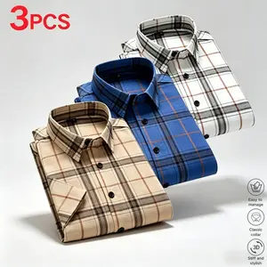 3-Pack Men's Short Sleeve Plaid Shirts, Lightweight Summer Casual Business Shirts