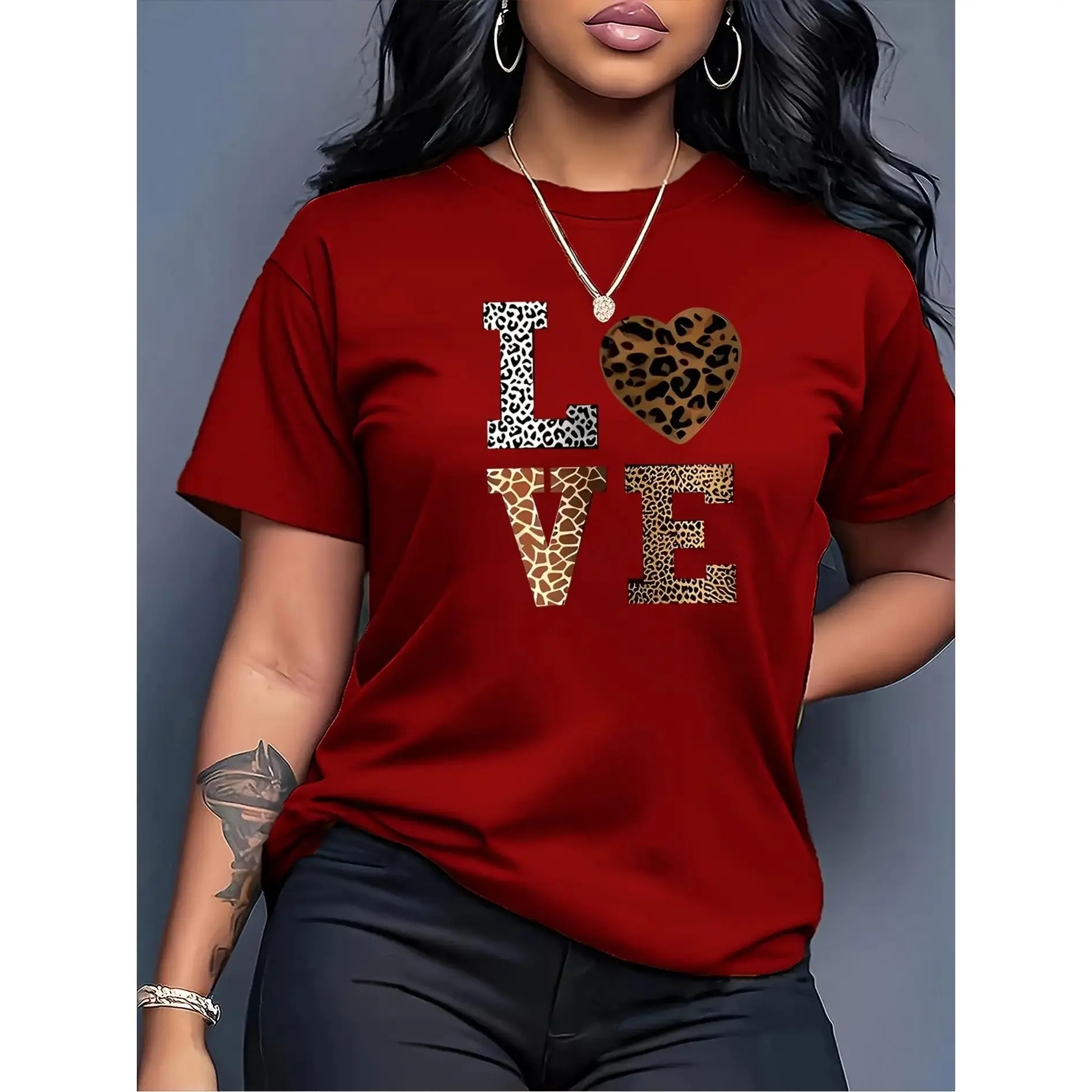 Women's Short Sleeve Round Neck T-Shirt - Love & Leopard Heart Print, Medium-Stretch Opaque Fabric, Machine Washable Spring/Summer Casual Blouse Top (Layering Piece), Shortsleeve, Tshirt, Women's Clothes, Shirts For Women