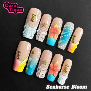 CuraTique | Seahorse Bloom 10PCS Handmade Press On Nails REUSABLE 3D Gel spring/summer 2025 / Prom