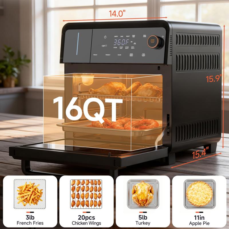 OUNIN Combi Steam Oven Countertop 16QT Capacity 11-in-1 Air Fryer Toaster Oven Combo with Bake, Steam, Roast, Dehydrate, Dual Cook, 90–430°F, Stainless Steel