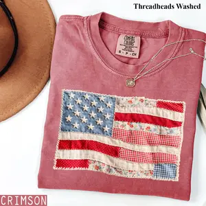 Comfort Colors Printed American Flag Shirt, Faux Patchwork USA Tee, 4th of July Shirt, Patriotic Graphic Shirt, Fourth of July Shirt, Independence Top Womenswear Gift for Her